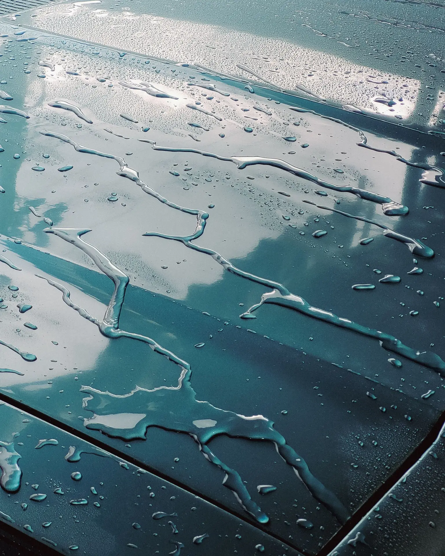 Water sheeting off the wet bonnet and roof of a dark car after a rinse.